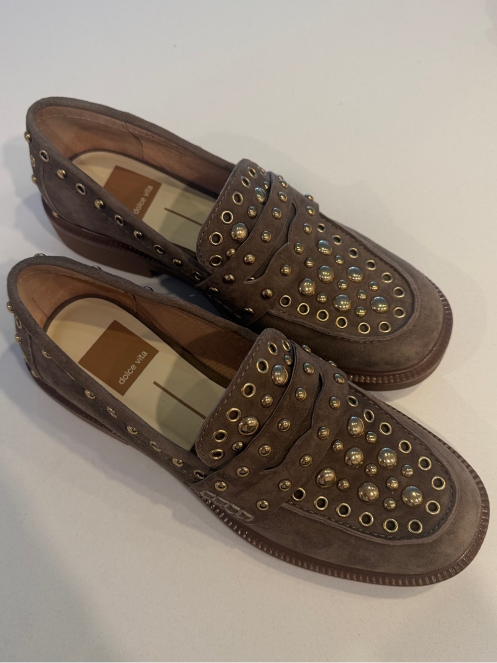 Dolce Vita Taupe Suede Studded Loafers